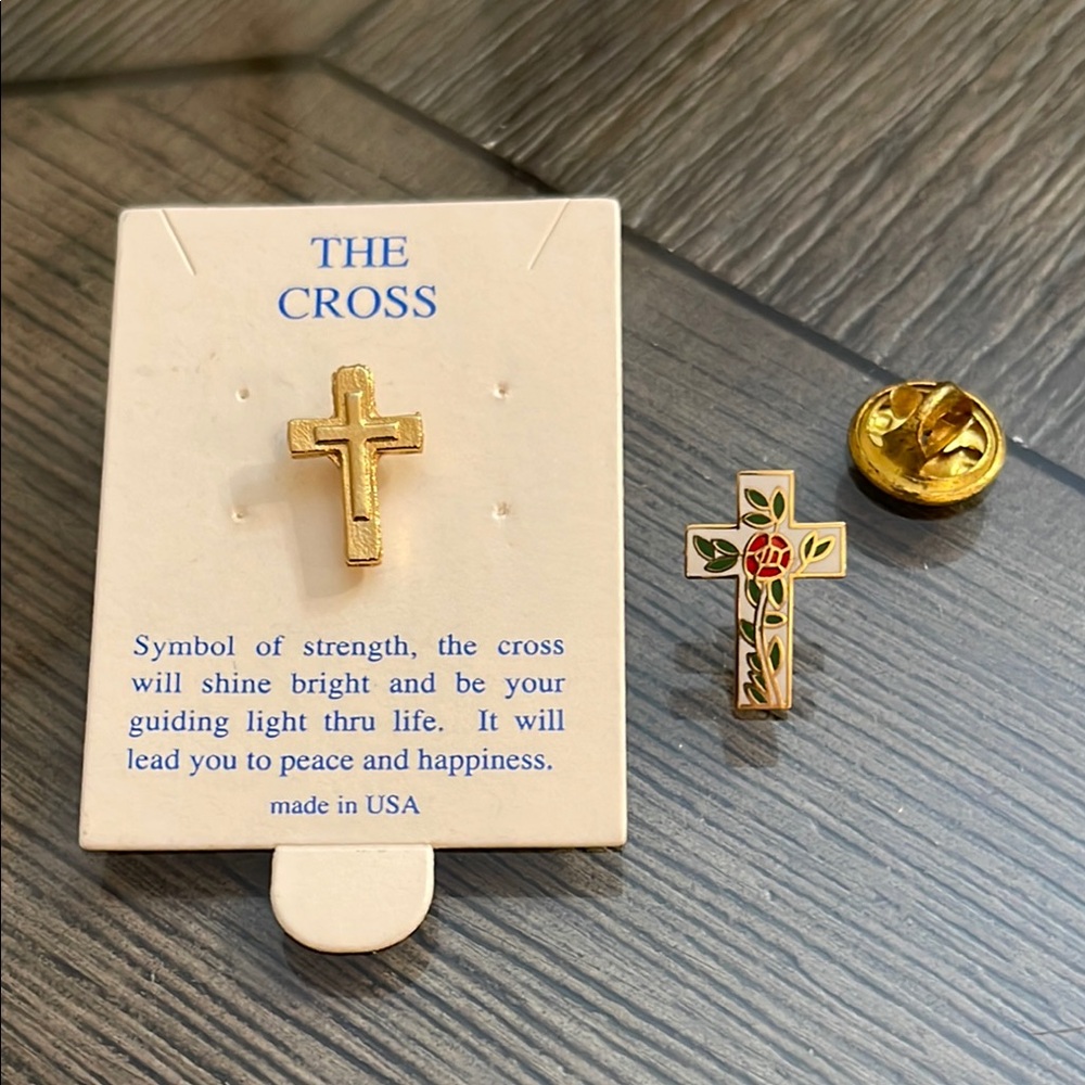Gold Cross Pin with Red Rose Design
